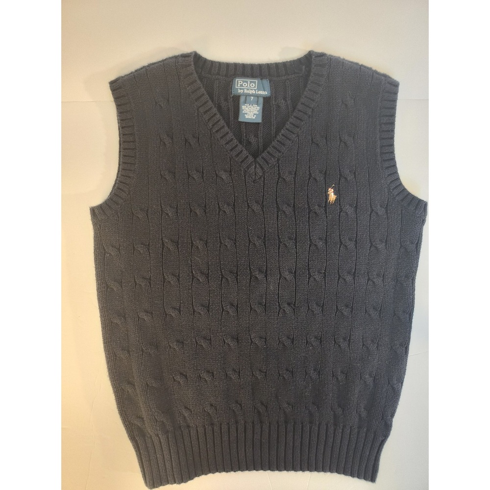 Polo Ralph Lauren Boys Navy Blue Cable Knit Cotton V-Neck Sweater Vest Size 7
